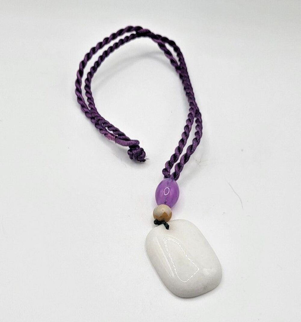 Lucky White Jade Pendant Necklace with Purple Braided Cord 20in